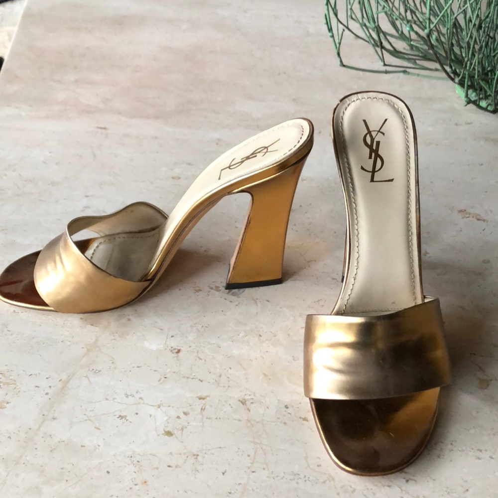 Yves Saint Laurent YSL Golden Leather High Heeled Mules Size 40.5